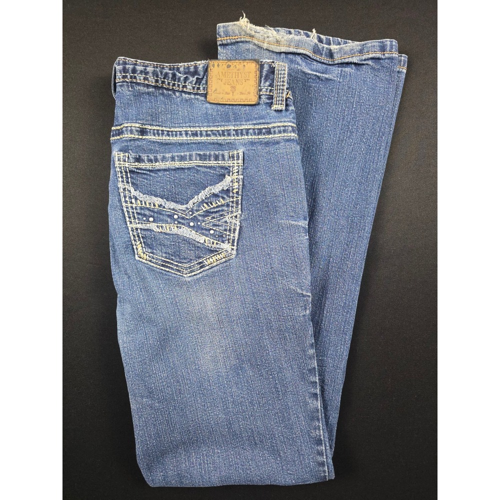Amethyst Jeans Womens 14 Blue Bootcut Medium Wash Whiskered Embroidered Stretch